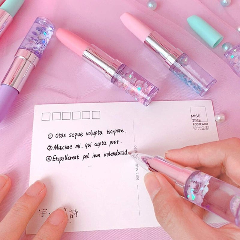 Funny live 4 Pcs Cute Sequins Drift Gel Ink Rollerball Pens Simulation Lipstick Ballpoint Pens, Funny Signature Pen Gift Pen, 0.7mm Black Ink - Image 5